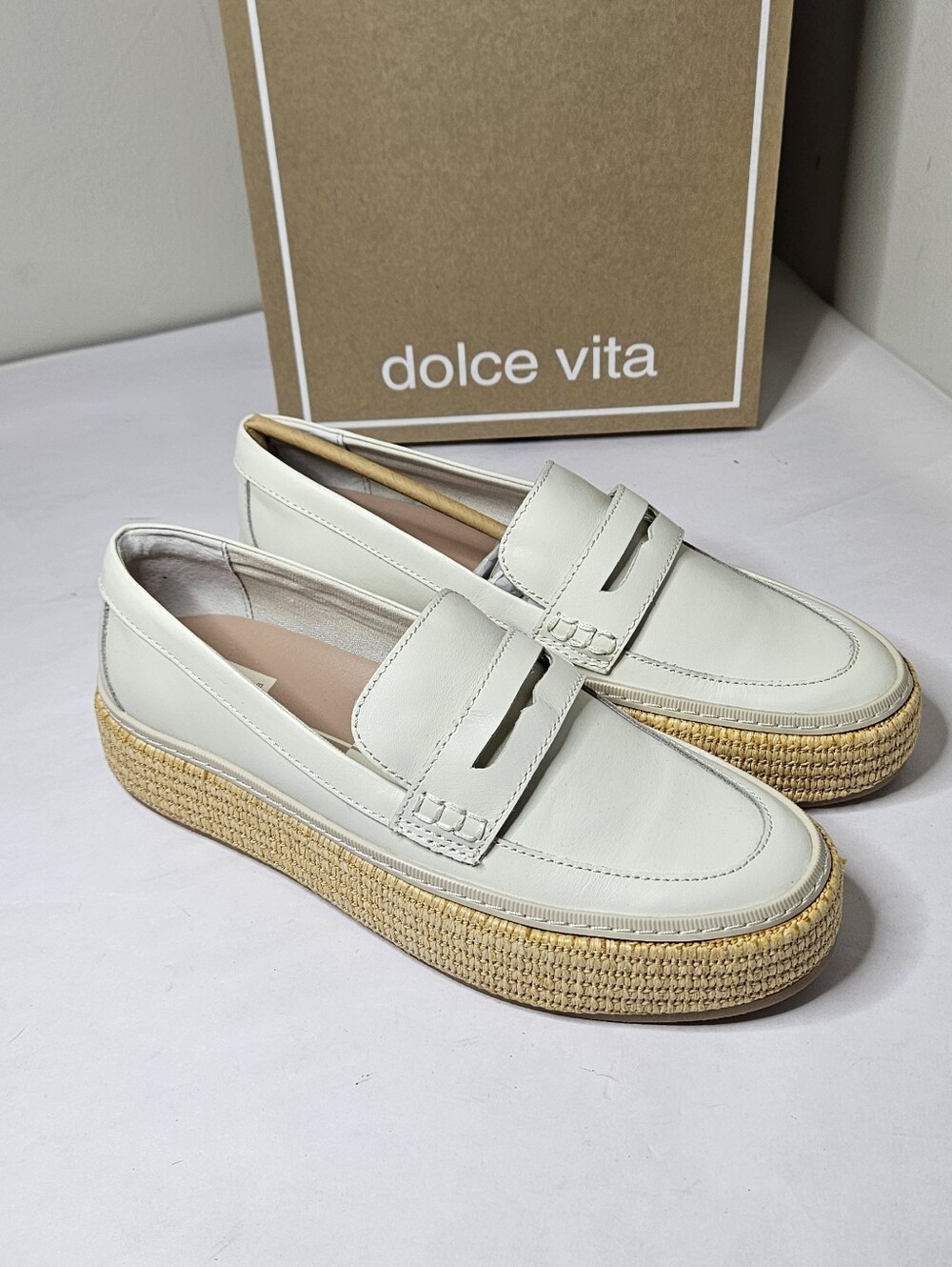Dolce Vita Ranna Loafers Ivory Leather Platform Straw Sole NWT 8.5